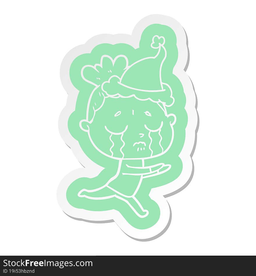 cartoon  sticker of a crying woman wearing santa hat