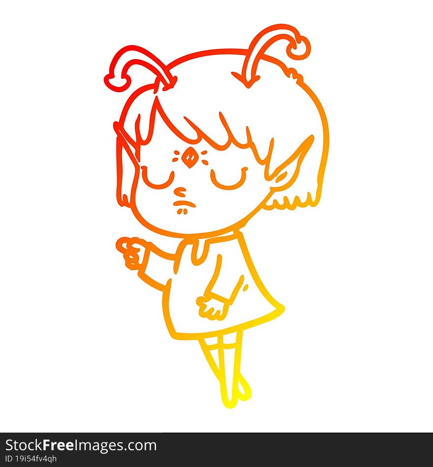 warm gradient line drawing of a cartoon alien girl