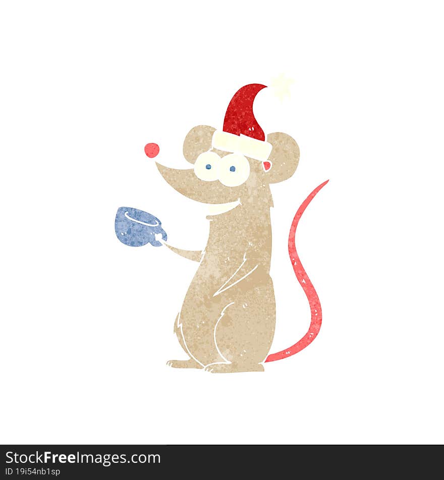 freehand retro cartoon mouse wearing christmas hat