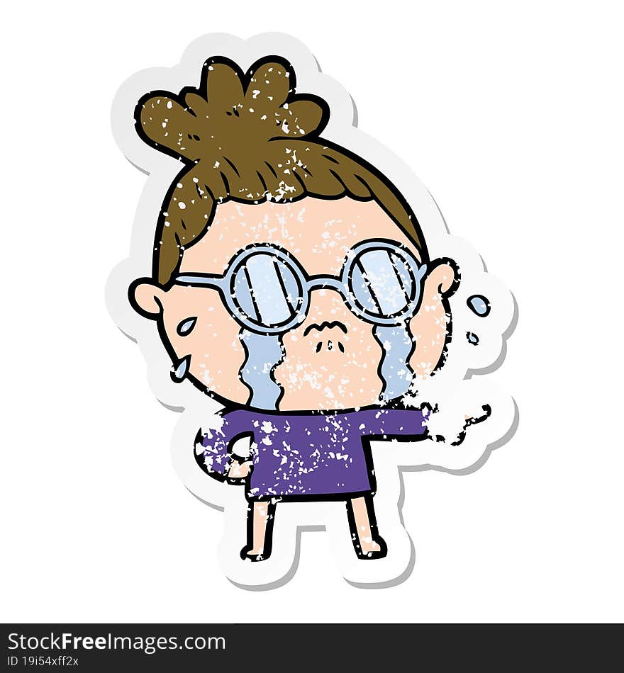 distressed sticker of a cartoon crying woman wearing spectacles