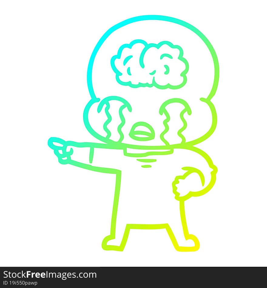 cold gradient line drawing cartoon big brain alien crying and pointing