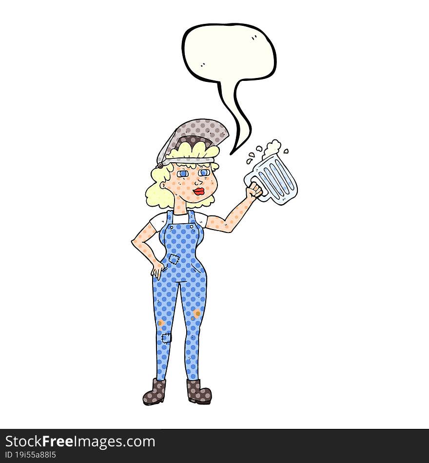 Comic Book Speech Bubble Cartoon Hard Working Woman With Beer