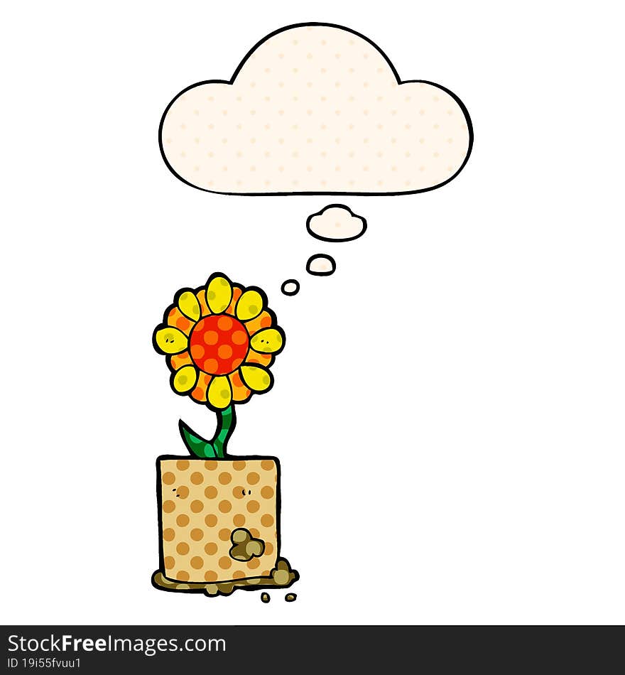 cartoon flower and thought bubble in comic book style