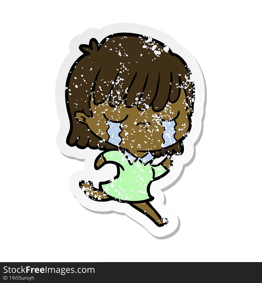 distressed sticker of a cartoon woman crying