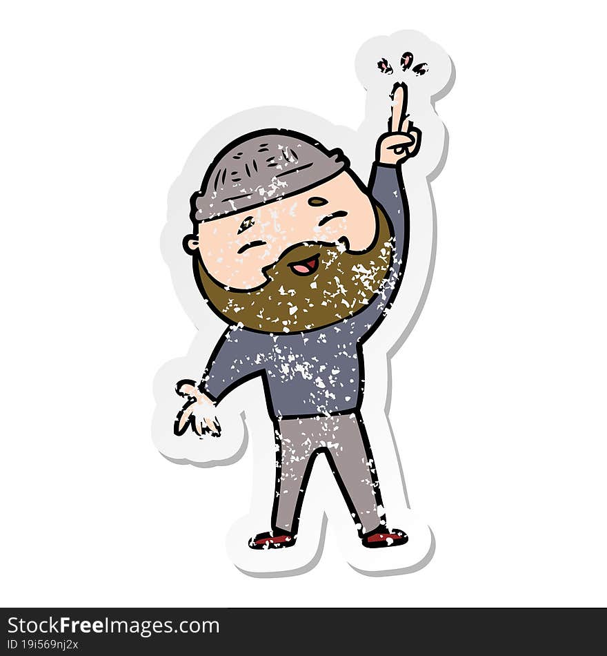 distressed sticker of a cartoon happy bearded man