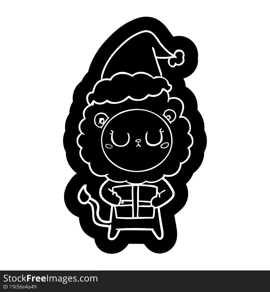 Cartoon Icon Of A Lion With Christmas Present Wearing Santa Hat