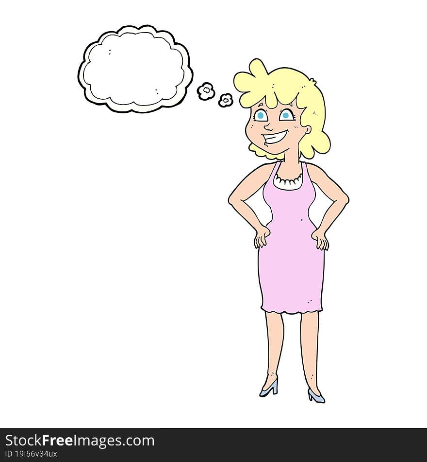 thought bubble cartoon happy woman wearing dress