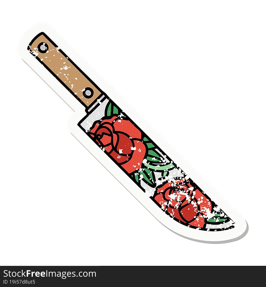 traditional distressed sticker tattoo of a dagger and flowers