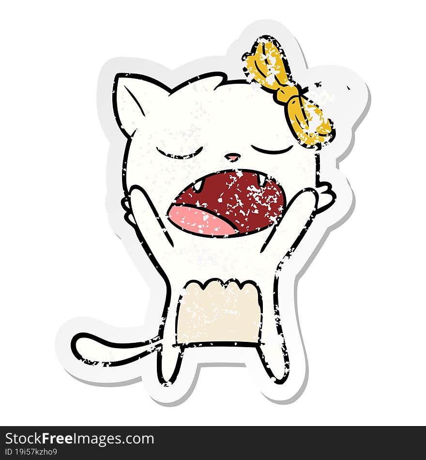 distressed sticker of a cartoon cat meowing