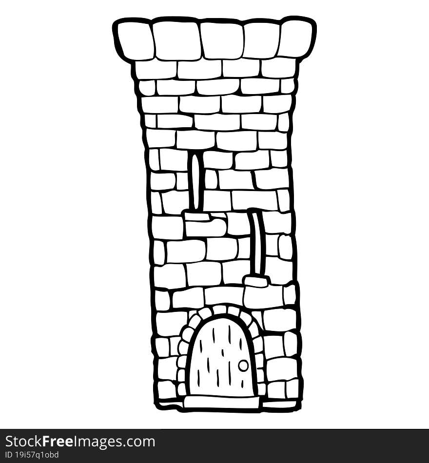 freehand drawn black and white cartoon old castle tower