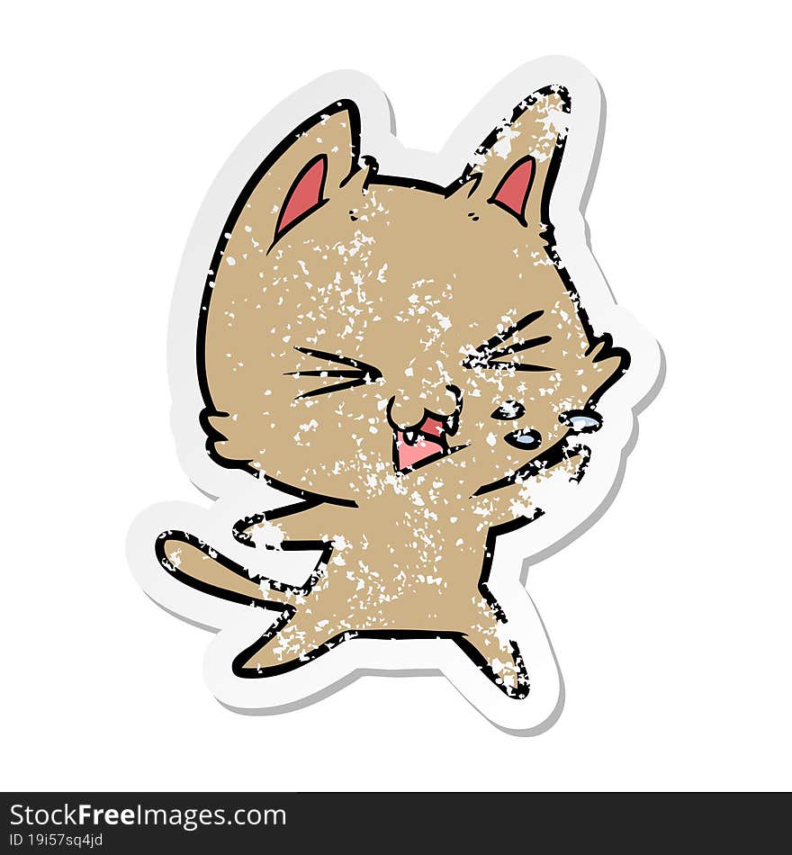 Distressed Sticker Of A Cartoon Cat Hissing