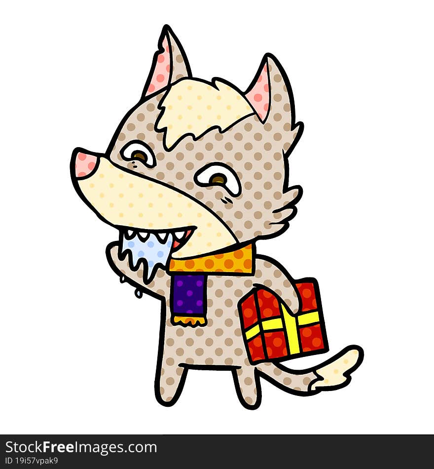 cartoon hungry wolf holding christmas present. cartoon hungry wolf holding christmas present