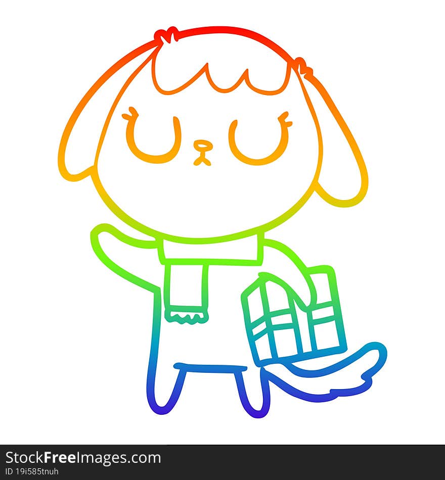 rainbow gradient line drawing of a cute cartoon dog with christmas present