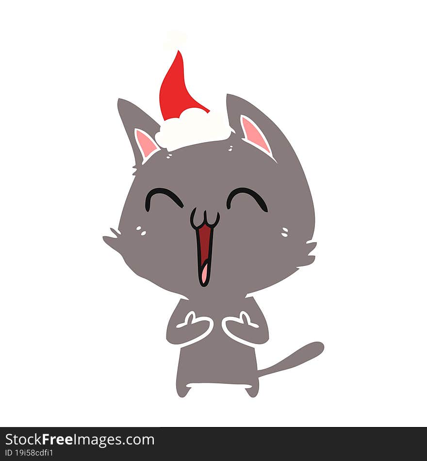 happy flat color illustration of a cat wearing santa hat