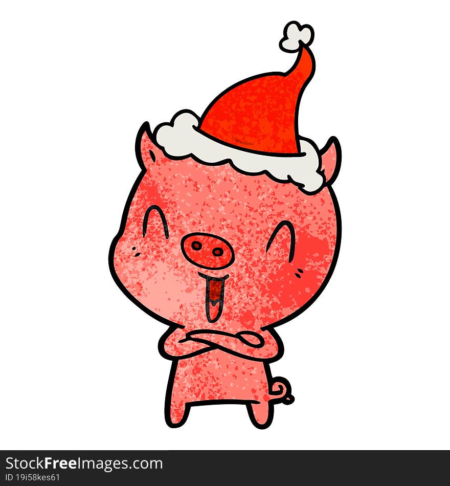 happy textured cartoon of a pig wearing santa hat