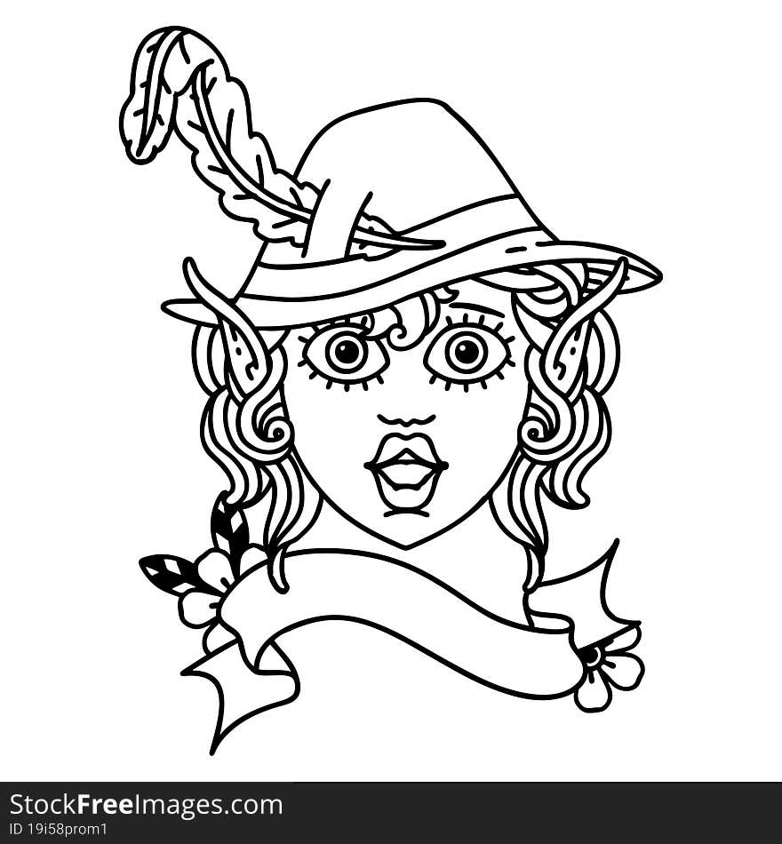 Black and White Tattoo linework Style elf bard character face. Black and White Tattoo linework Style elf bard character face