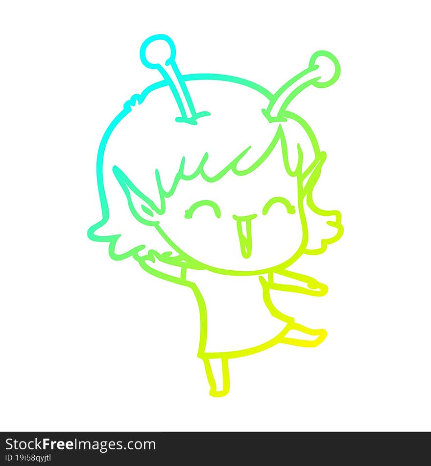 cold gradient line drawing of a cartoon alien girl laughing