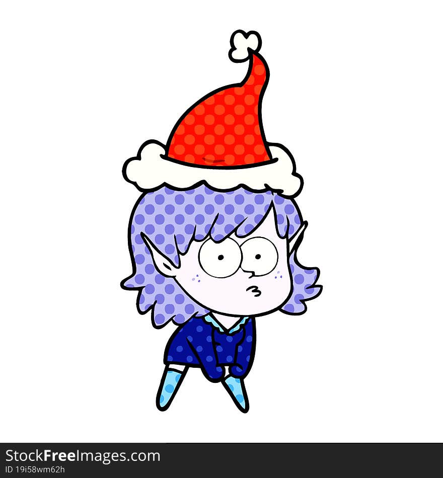 comic book style illustration of a elf girl staring and crouching wearing santa hat