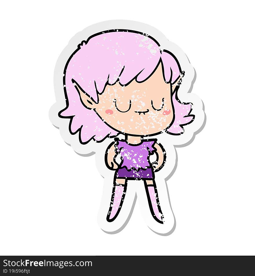 distressed sticker of a happy cartoon elf girl