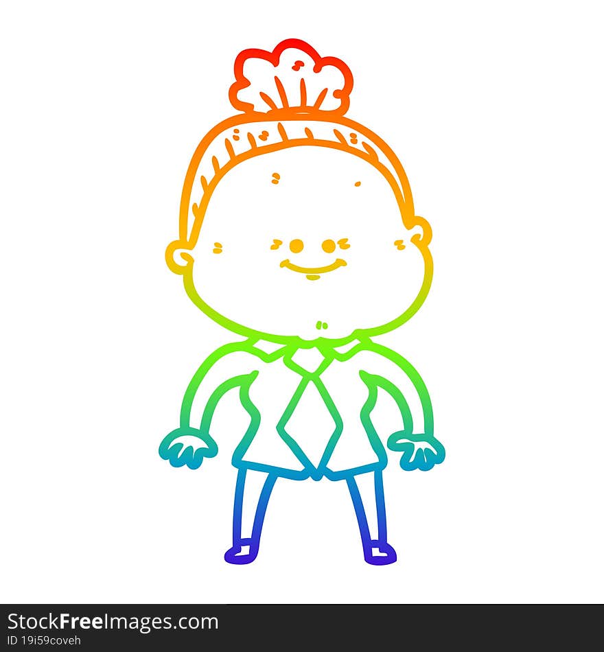 rainbow gradient line drawing of a cartoon happy old woman