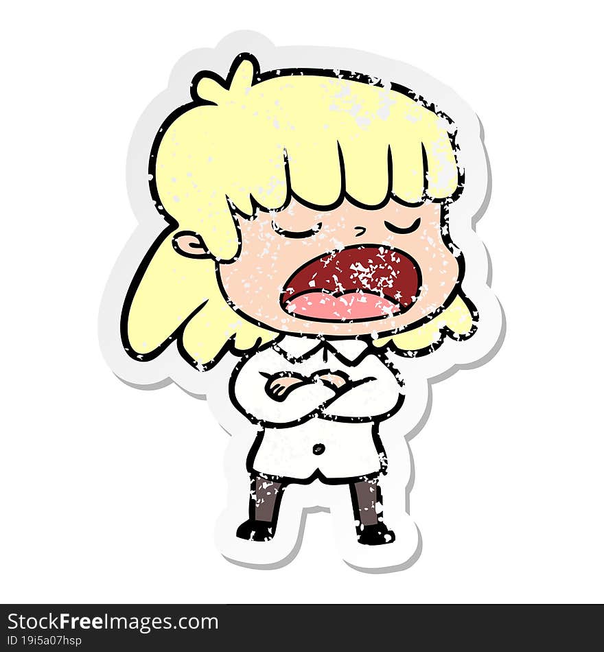 distressed sticker of a cartoon woman talking loudly