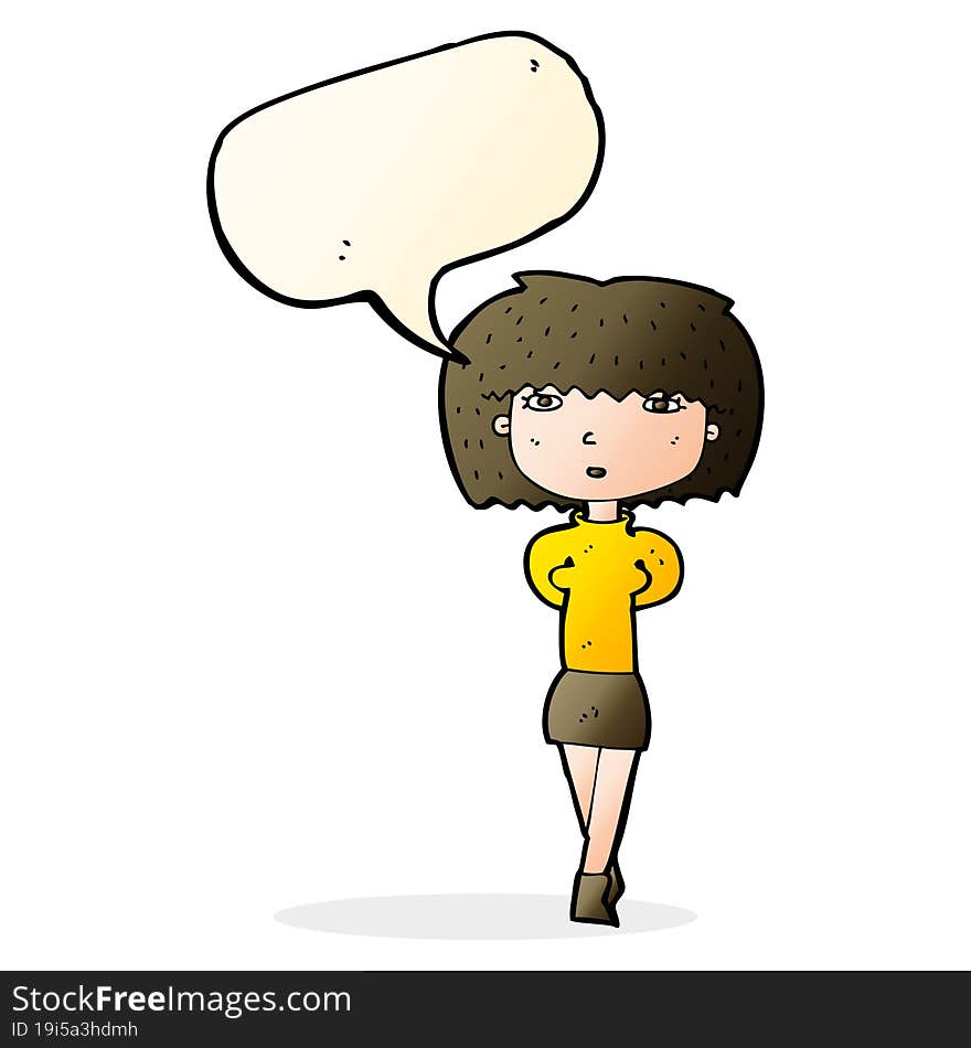 cartoon shy woman with speech bubble