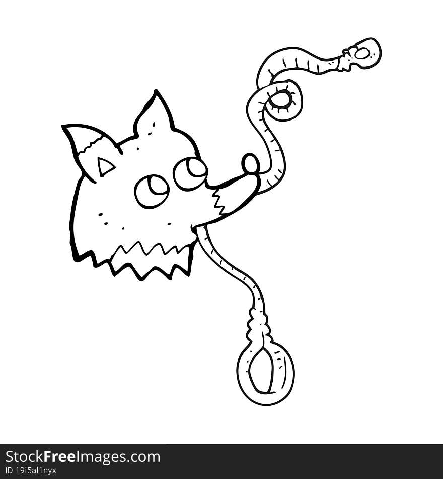 freehand drawn black and white cartoon dog with leash