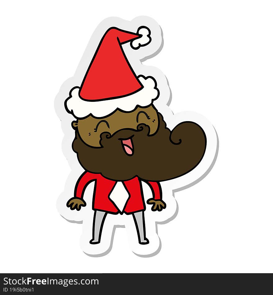 Hand drawn sticker cartoon of a happy bearded man wearing santa hat