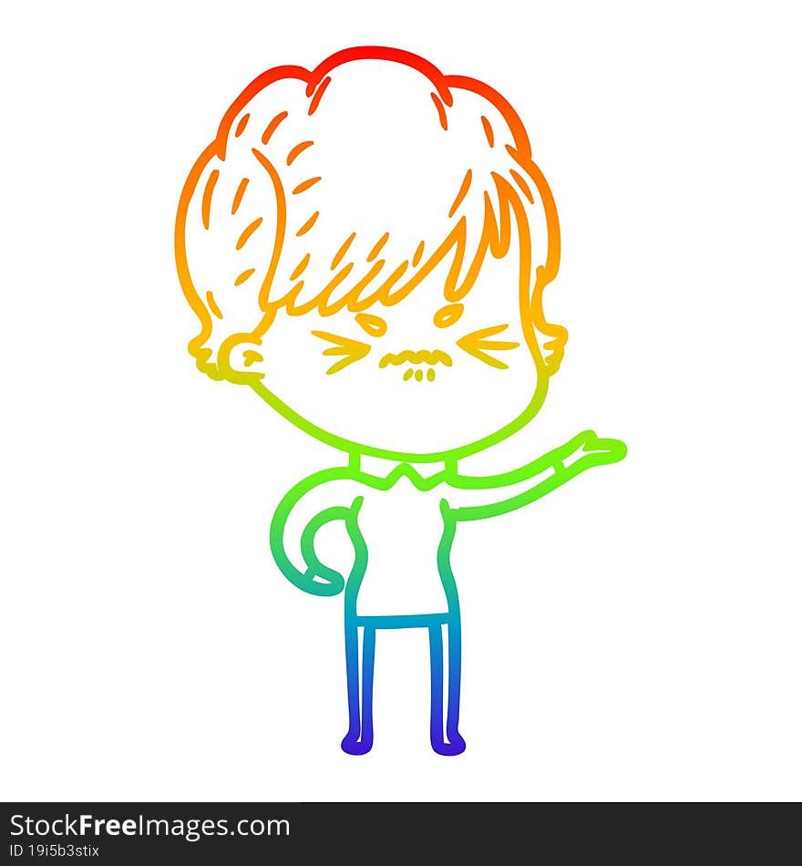 Rainbow Gradient Line Drawing Cartoon Frustrated Woman