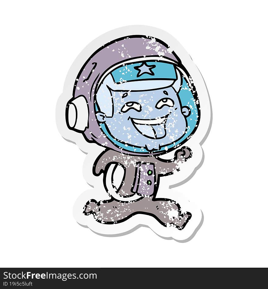 distressed sticker of a cartoon laughing astronaut