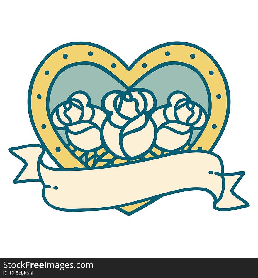 iconic tattoo style image of a heart and banner with flowers. iconic tattoo style image of a heart and banner with flowers