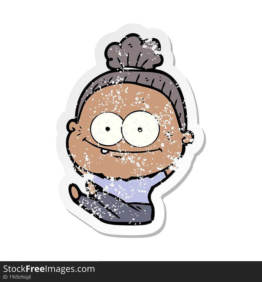 distressed sticker of a cartoon happy old woman