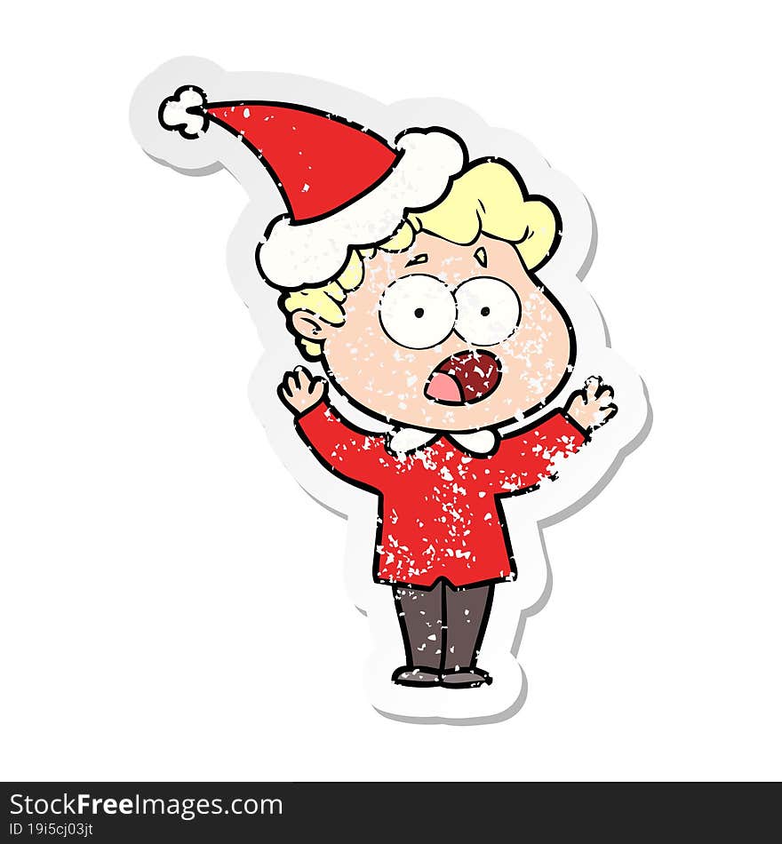 distressed sticker cartoon of a man gasping in surprise wearing santa hat