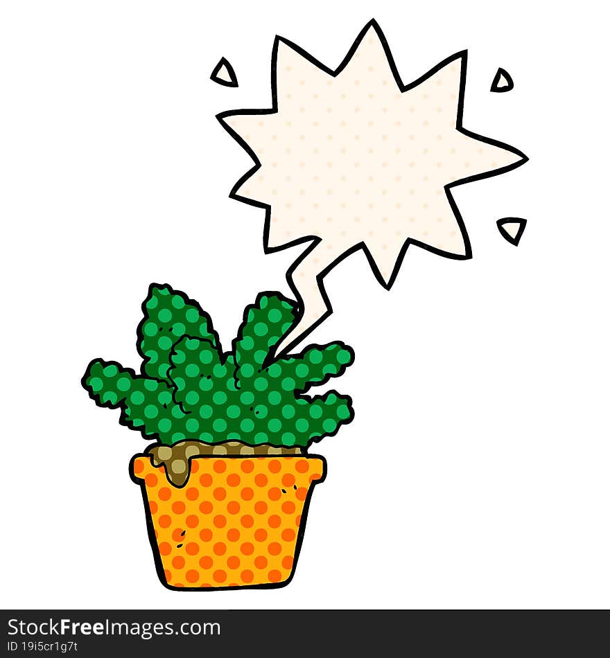 cartoon house plant and speech bubble in comic book style