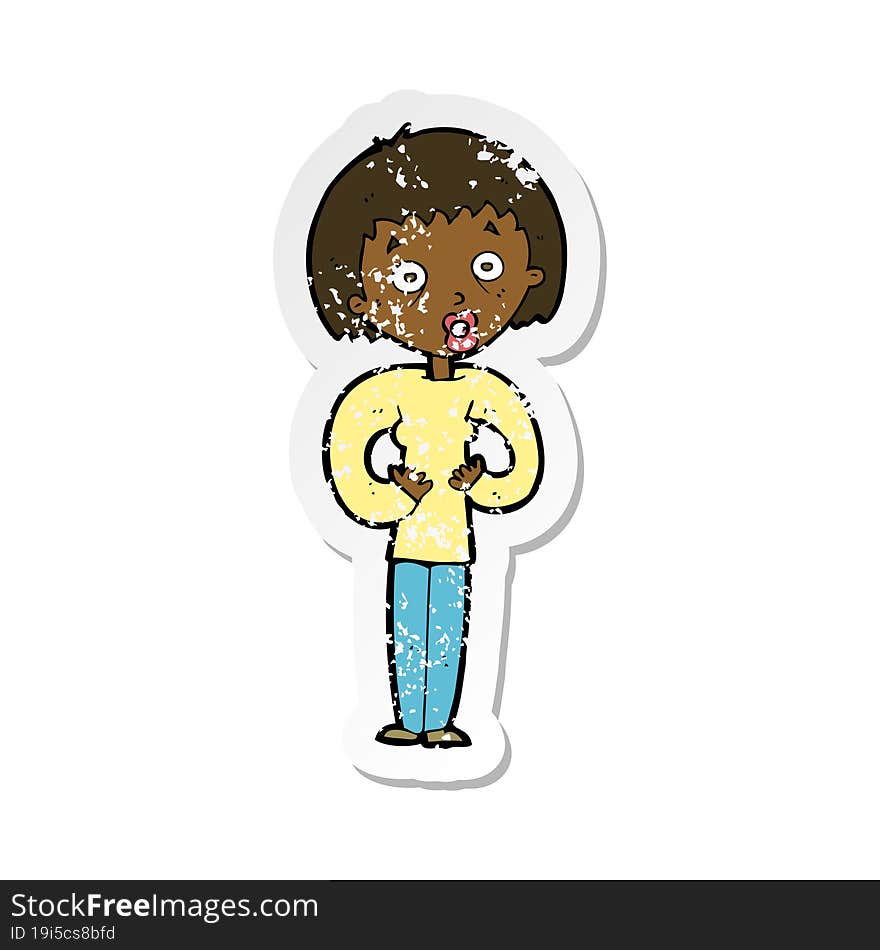 retro distressed sticker of a cartoon woman gesturing at self