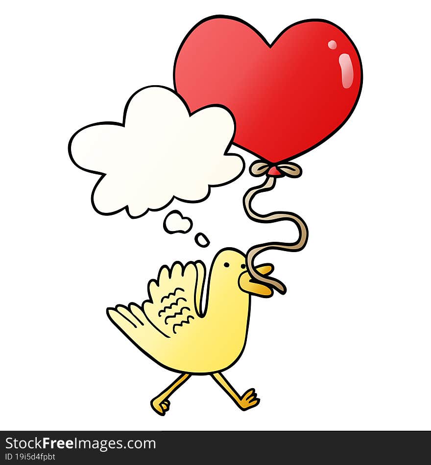 cartoon bird with heart balloon with thought bubble in smooth gradient style