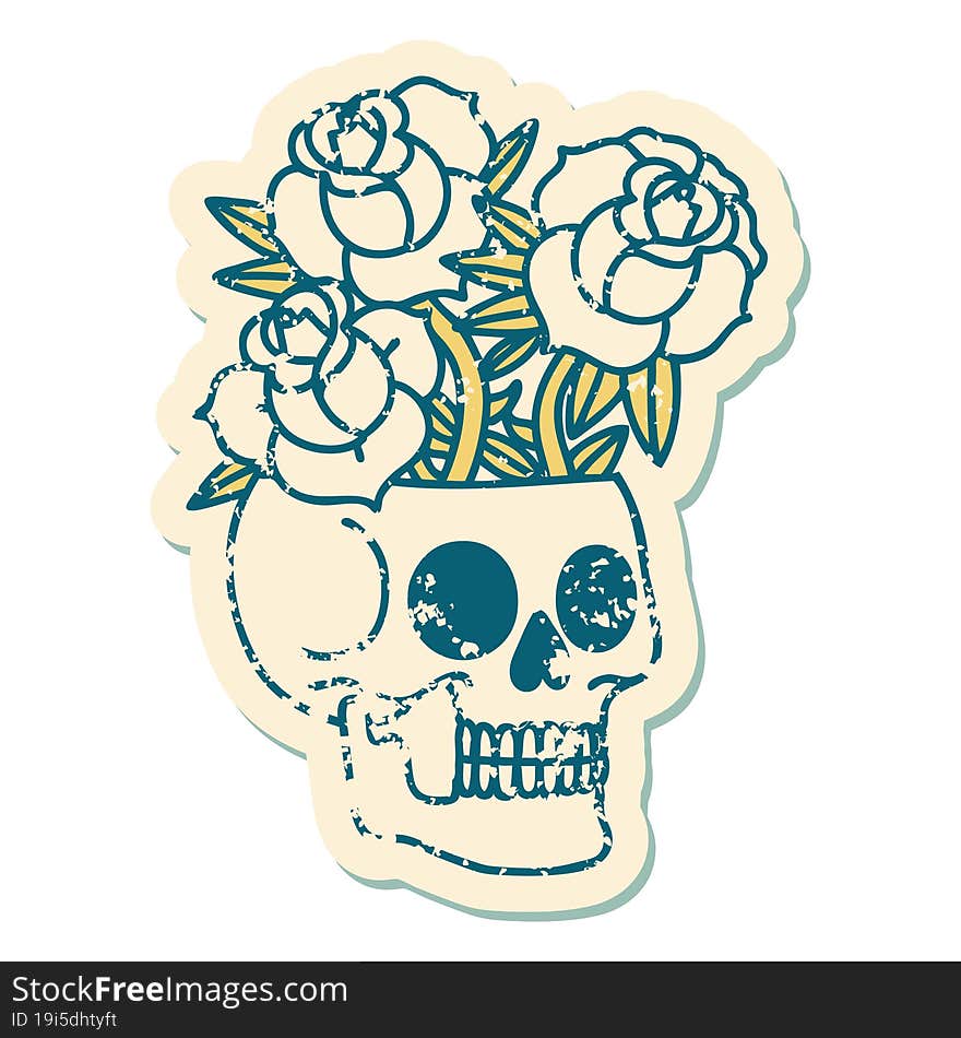 distressed sticker tattoo style icon of a skull and roses