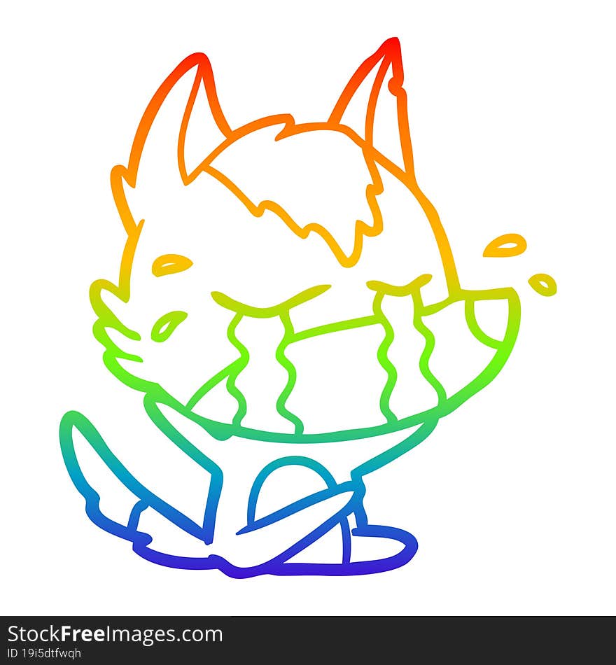 rainbow gradient line drawing of a cartoon crying wolf