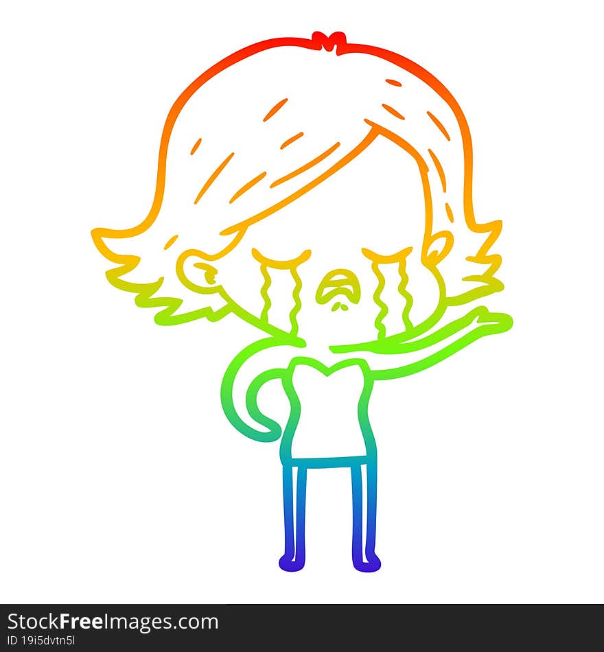 rainbow gradient line drawing of a cartoon girl crying