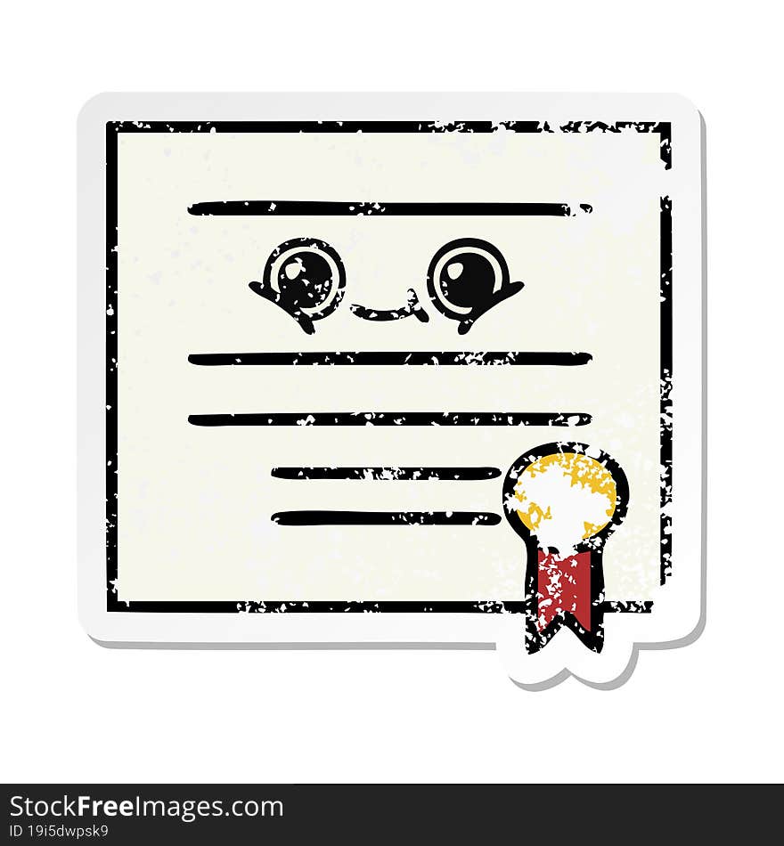 distressed sticker of a cute cartoon graduation diploma