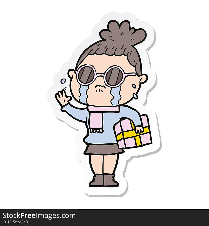 sticker of a cartoon crying woman wearing spectacles