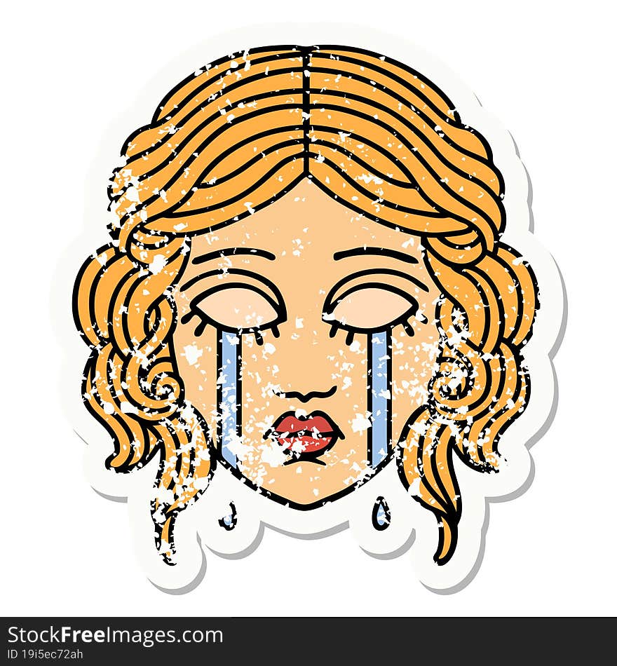 traditional distressed sticker tattoo of female face crying