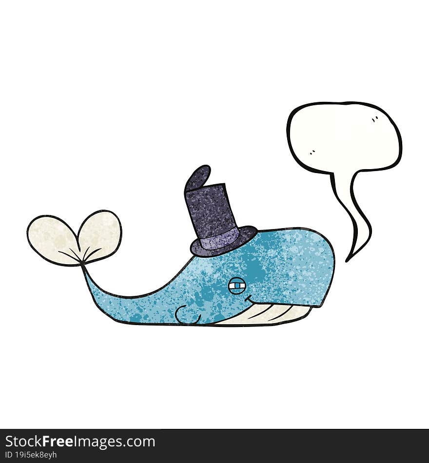 speech bubble textured cartoon whale wearing hat