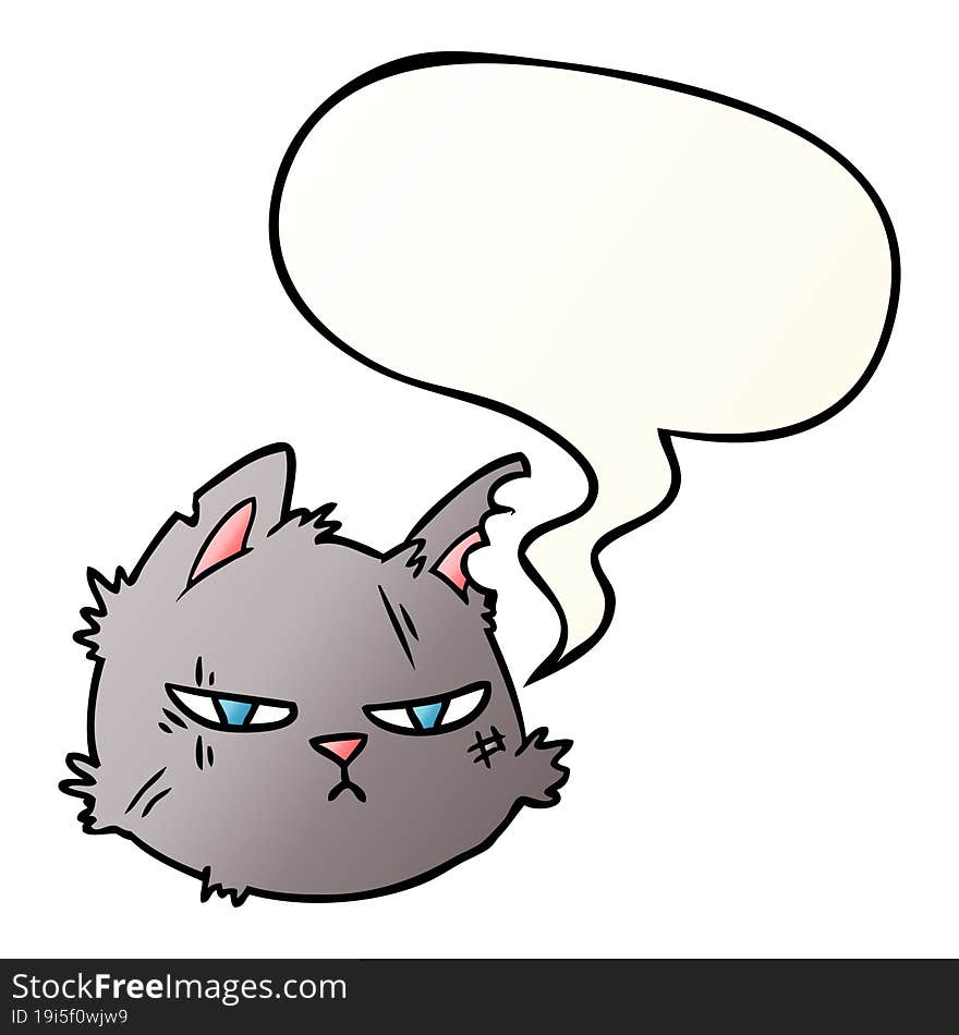 cartoon tough cat face with speech bubble in smooth gradient style