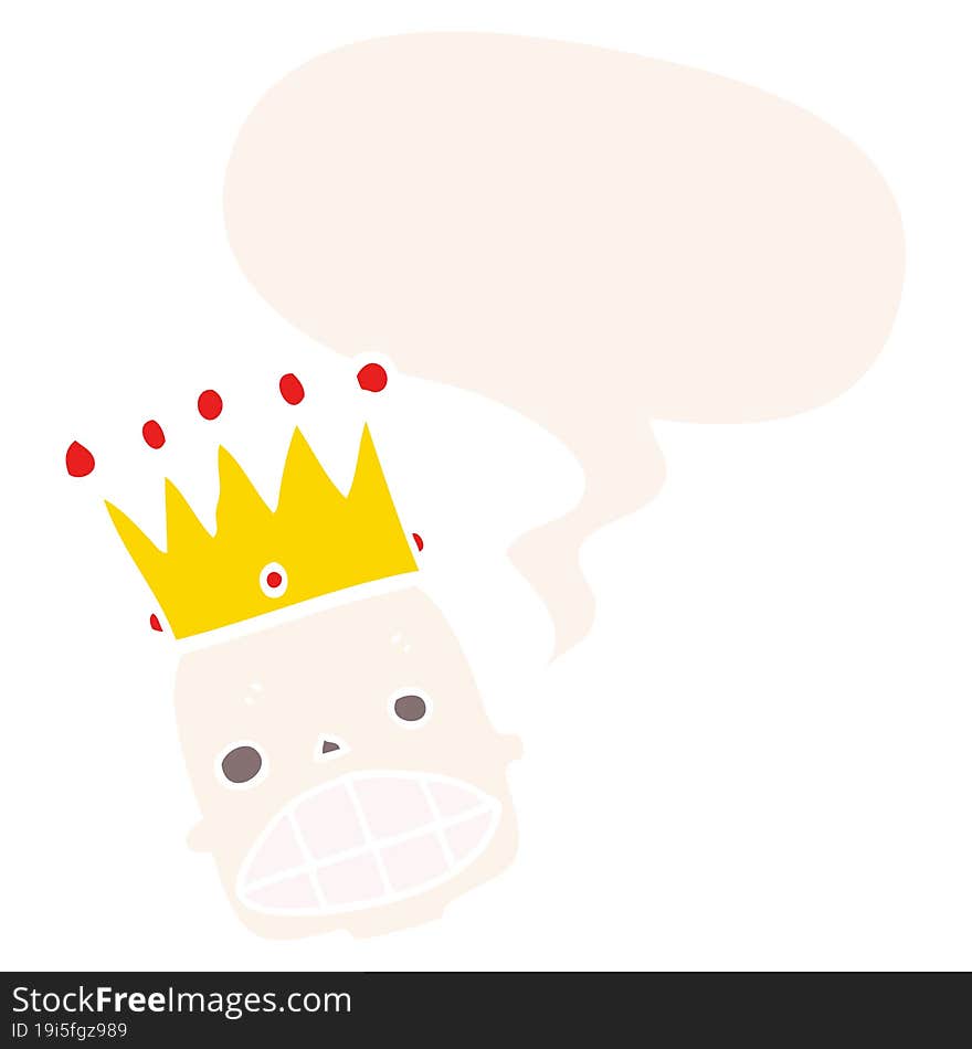 cartoon spooky skull face and crown and speech bubble in retro style