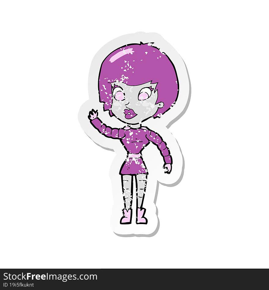 retro distressed sticker of a cartoon robot woman waving