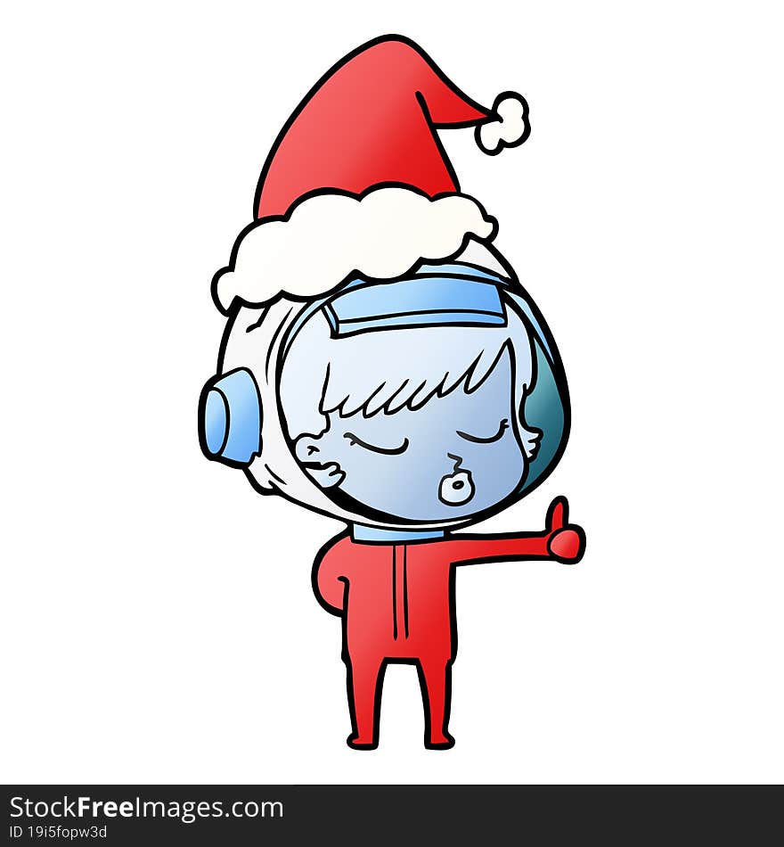 gradient cartoon of a pretty astronaut girl giving thumbs up wearing santa hat