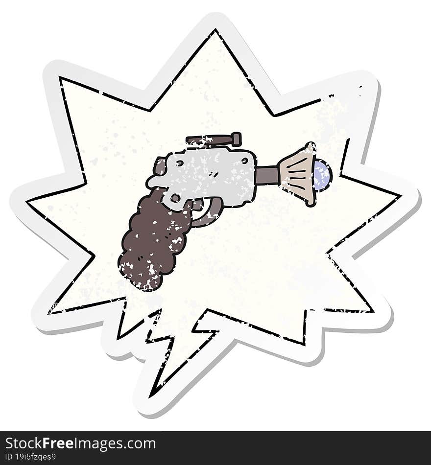 cartoon ray gun with speech bubble distressed distressed old sticker. cartoon ray gun with speech bubble distressed distressed old sticker