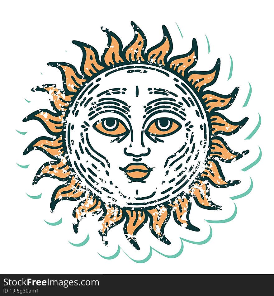 distressed sticker tattoo style icon of a sun with face