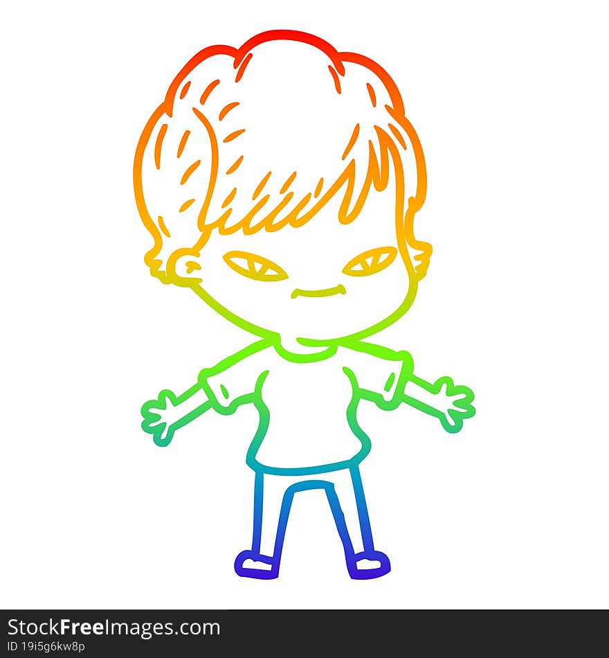 rainbow gradient line drawing of a cartoon happy woman